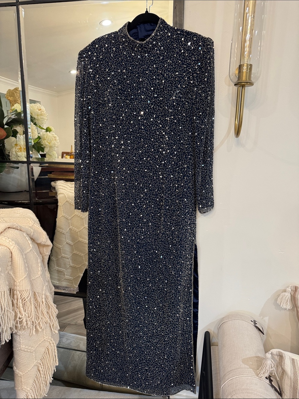 Scala Navy Sequin Maxi Dress with Long Sleeves